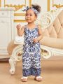 Baby Girls' Plant Patterned Belted Jumpsuit With Suspender Straps