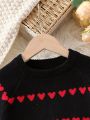 Young Girl Heart Pattern Ruffle Trim Raglan Sleeve Sweater