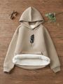 Feather Print Kangaroo Pocket Thermal Lined Hoodie