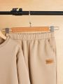 SHEIN Kids EVRYDAY Boys' Solid Color Sweatshirt And Sweatpants Set With Badge Detail, For Teenagers