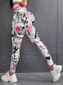 SHEIN Yoga Floral High-waisted Athletic Leggings With Floral And Skull Graphics