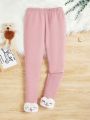 SHEIN Girls' Cute Cartoon Embroidery Knit Slim Fit Leggings