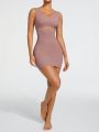 SHEIN SHAPE Ladies Solid Color Round Neck Pom Pom Trim Shapewear Dress