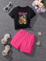 Little Girls' Floral Printed Short Sleeve T-Shirt And Shorts Set With Slogan Print