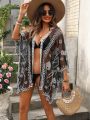 SHEIN Swim Basics Women's Mesh Embroidered Embellished Kimono Blouse