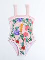 Tween Girls' One-Piece Swimsuit With Plants Print