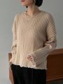 FRIFUL Women'S Round Neck Hollow Out Stripe Drop Shoulder Sweater