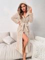 Women's Solid Color Plush Hooded Bathrobe With Waist Belt
