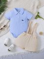 SHEIN Newborn Baby Boy Dinosaur Embroidery Polo Neck Bodysuit & Suspender Shorts