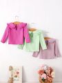 Infant Girls' Spring/autumn Solid Color Knit Stripe Doll Collar Long Sleeve T-shirt