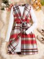 Teen Girls' Plaid Turn-down Collar Sleeveless Jacket And Knitted White Dress Vintage 2-piece Set For Autumn/winter