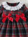 Baby Girls' Plaid Lace Trimmed Dress With Bow Decoration