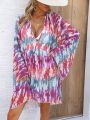 SHEIN Swim BohoFeel Random Tie Dye Deep V-Neck Asymmetrical Hem Cover Up Dress