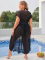 SHEIN Swim Basics Plus Size Women'S Sheer Mesh Batwing Sleeve Kimono Dress