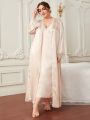 Plus Contrast Lace Belted Satin Robe & Cami Dress PJ Set