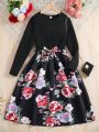 Teenage Girls' Elegant Floral Print Belted Mid-Length Dress With Elastic Waist