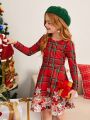 SHEIN Kids EVRYDAY Tween Girl 1pc Plaid & Floral Print Dress