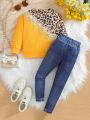 SHEIN Kids Cooltwn Young Girl New Round Neck Leopard Pattern Printed Long Sleeve Sweatshirt And Denim Effect Pants Set