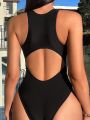 SHEIN DD+ Women's One-Piece Swimsuit With Front Zipper And Hollow Out Design On Back