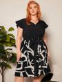 SHEIN CURVE+ Plus Size Women's Printed Dress With Ruffle Hem And Waist Belt