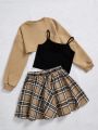 SHEIN Kids HYPEME Tween Girl Solid Cami Top & Plaid Print Skirt & Super Crop Pullover