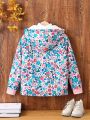 SHEIN Kids FANZEY Tween Girl Floral Print Fuzzy Lined Hooded Jacket Without Sweater