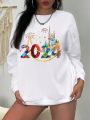 Women's Plus Size New Year Printed Round Neck Sweatshirt