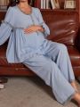 Maternity Long Sleeve Long Pants Pajama Set With Frill Edging