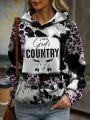 Leopard And Text Print Hooded Casual Sweatshirt