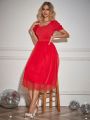 Red Lace A-line Princess Dress With Puff Sleeves And Empire Waist For Daily Wear In Spring/summer