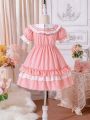 SHEIN Kids CHARMNG Young Girl's Lovely Lace Ruffle Hem Bubble Short Sleeve Pink & White Dress For Summer