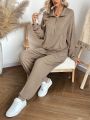 SHEIN LUNE Ladies' Solid Color Half Zipper Kangaroo Pocket Drop Shoulder Hoodie And Sweatpants Two Piece Set