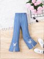 SHEIN Kids CHARMNG Toddler Girls' Bell Bottom Jeans Mimicking Denim Floral Printed Design With Split Hem And Butterfly Detailing