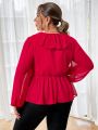 SHEIN Privé Plus Size V-Neck Lantern Sleeve Blouse With Ruffle Trim