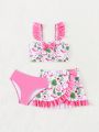 Young Girl's Swimsuit Set With Plant Print And Bow Decoration