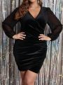 SHEIN Clasi Plus Contrast Mesh Lantern Sleeve Wrap Hem Velvet Bodycon Dress