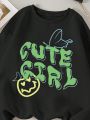 Teen Girl Cartoon & Slogan Graphic Thermal Lined Sweatshirt