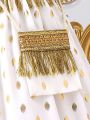 SHEIN Kids Nujoom Little Girls' Gold Foil Print Woven Tape Trim Patchwork Tassel Decoration Dress