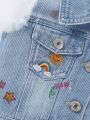 Baby Girl Dopamine Patchwork Rainbow Embroidery Cute Loose Comfortable Denim Vest