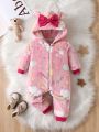 Baby Girl Cartoon Graphic Bow Front 3D Ear Design Hooded Flannel Jumpsuit