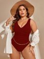 SHEIN Swim Basics Plus Size Women's Solid Color V-Neck Ruched One Piece Swimsuit New Year