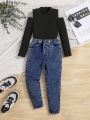 SHEIN Kids Cooltwn Young Girl Cold Shoulder Tee & Jeans