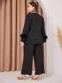 Plus Size Fuzzy Trim Contrast Trim Single-button Blazer And Trousers Set