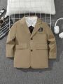 SHEIN Kids Academe Young Boy Letter Patched Detail Lapel Neck Flap Detail Coat Without Shirt