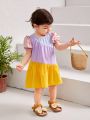 SHEIN Baby Girls' Casual Color Block Short Puff Sleeve Puff Dress For Summer Vacation