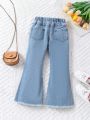 Girls' Y2k Style Trendy Street Cool Elastic High Waist Light Blue Washed Jeans With Frayed Hem And Split Detail