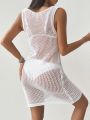 SHEIN Swim Vcay 1pc Solid Color Crochet Sleeveless Cover Up Dress