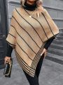 SHEIN Frenchy Striped Pattern Batwing Sleeve Asymmetrical Hem Knit Poncho
