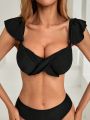 SHEIN DD+ Women's Black Twist Knot Design Bikini Top With Ruffled Sleeves