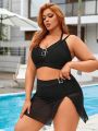 SHEIN Swim Vcay Plus Size Buckle Strap Trim Solid Bikini Set